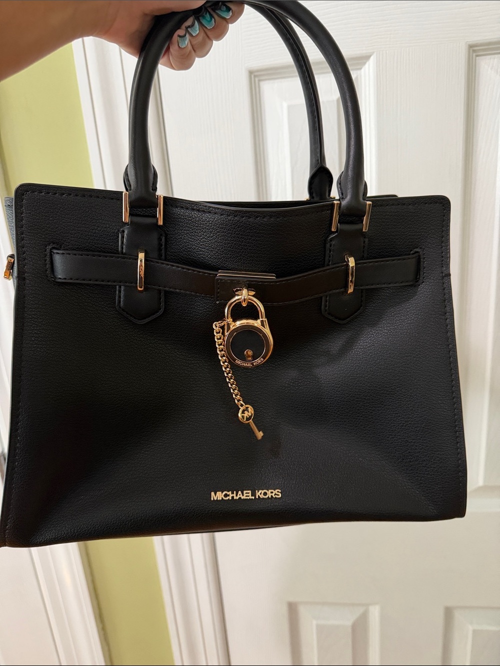 Michael Kors Black Leather Satchel with Gold Padlock Charm
